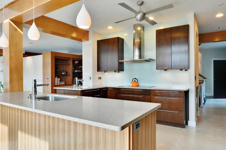 Kitchen-Fan-Design-Ideas-Awesome-eco-friendly-kitchen-decoration-ideas-with-white-pendant-lamps-also-wooden-cabinets-plus-light-grey-quartz-countertops-and-stainless-steel-ceiling-fan-1024x681