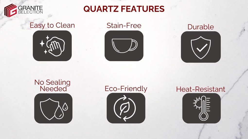 Quartz features for countertops