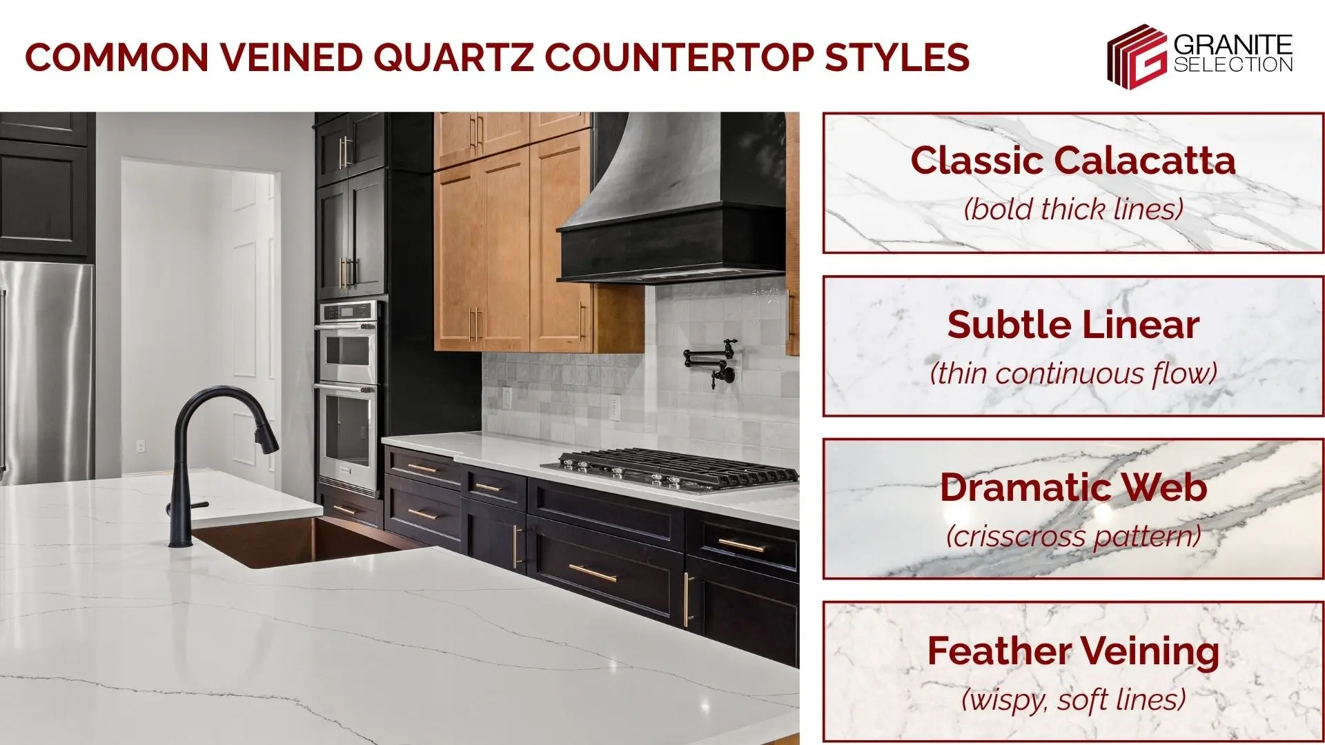Common styles of veined quartz countertops