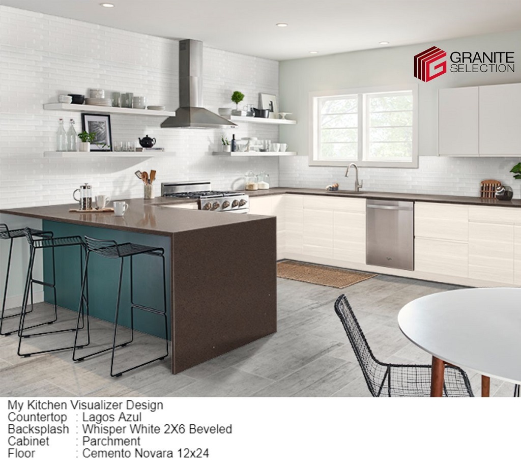 Beige cabinets with brown granite countertops