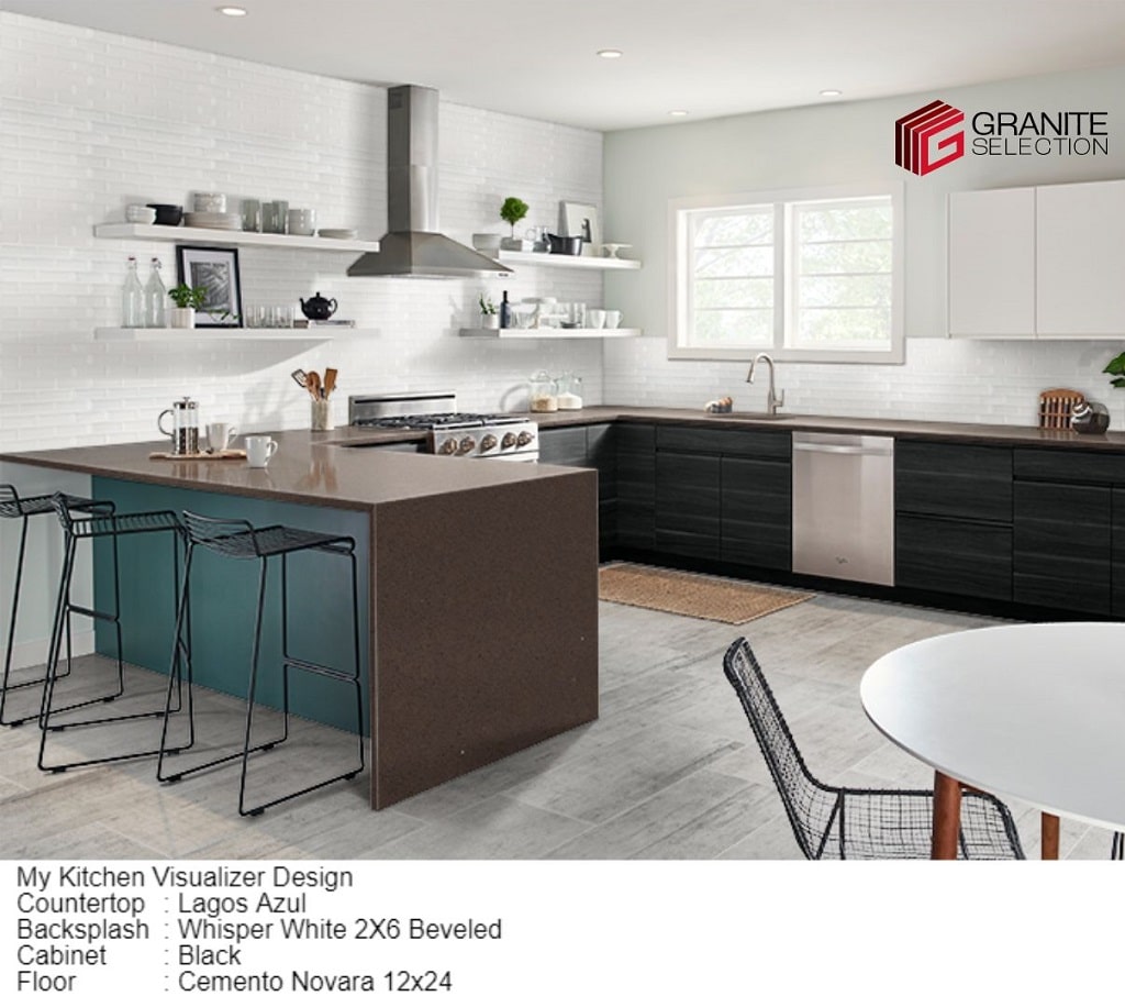 Black cabinets with brown granite countertops