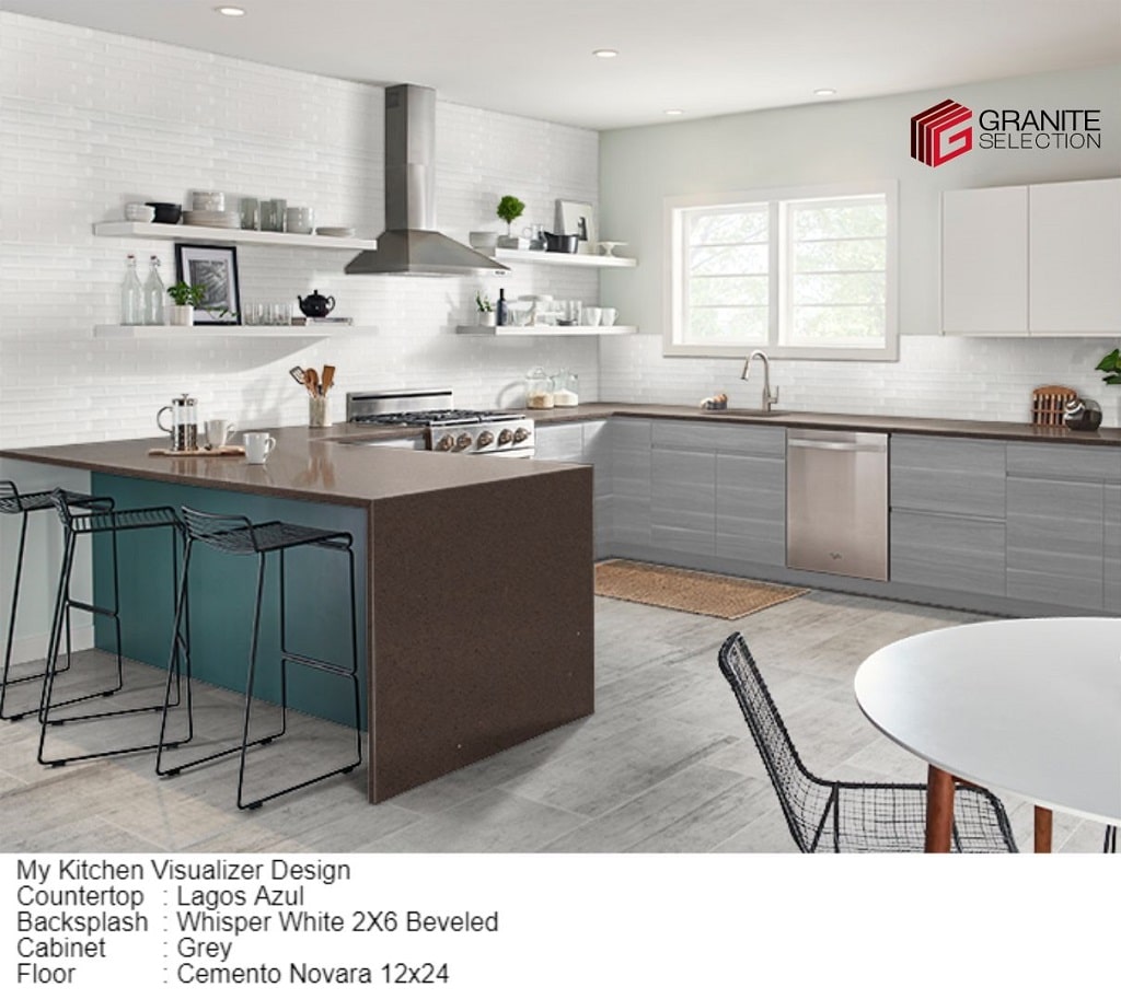 Gray Cabinets with Brown Granite Countertops
